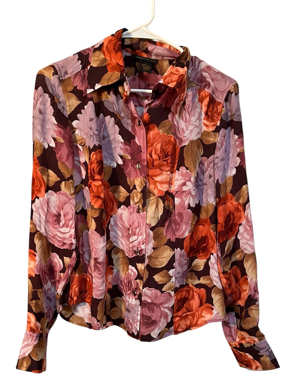 Vintage Grace Dane Lewis Womens Sz 4 Button Down Blouse Brown Pink Orange Floral